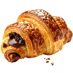 A close-up of a flaky, golden croissant filled with chocolate and chocolate chips