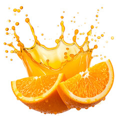 Vibrant image of an orange juice splash with two juicy orange slices