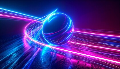 A dark scene with vibrant, glowing lines. A central orb is encircled by trails of light and streaks. Hint: Focus on colors, shapes, and abstract concepts.