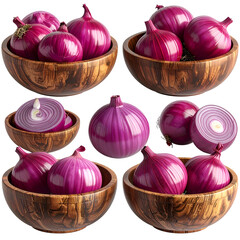 Multiple views of red onions in wooden bowls, some halved, against a black background