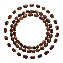 Three concentric circles of roasted coffee beans on a black background, forming a circular design