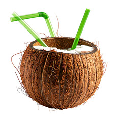 A refreshing drink in a coconut shell with green straws, isolated on black