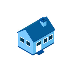 Simple blue pixel art house with white door and blue chimney on transparent background Isometric view