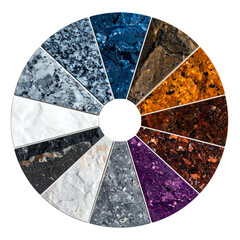 A circular graphic showing 14 various stone textures and colors, arranged in a wheel
