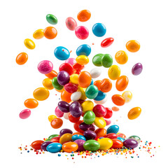 Colorful candies cascade down against a stark black background. Various vibrant shades in motion