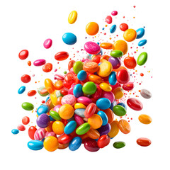 A vibrant heap of candy in various colors, seemingly suspended, with black background