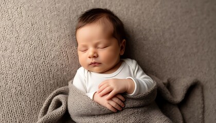 Sweet newborn baby boy sleeping profoundly on a cozy textured blanket, symbolizing innocence, tenderness, and new life