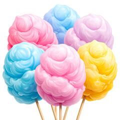 Digitally rendered image featuring colorful cotton candy on wooden sticks