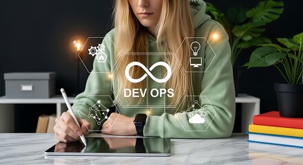 Modern Young Woman Using Tablet with DevOps and Technology Icon Overlay