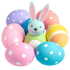 Colorful Easter composition featuring polka-dotted eggs surrounding a bunny figure