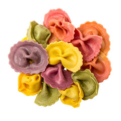A colorful assortment of various pasta shapes, with vibrant hues, clustered closely