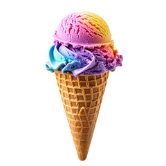 A vibrant, colorful ice cream cone featuring rainbow scoops atop a waffle cone