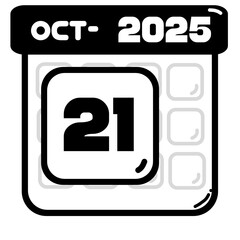 Modern flat calendar icon showing the date October 21, 2025. Minimalist black and white vector design ideal for planners, schedules, reminders, events, time management, and creative digital projects.