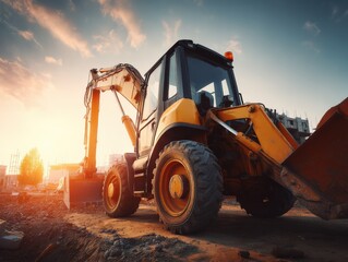 Excavator at Construction Site: Heavy Machinery at Work Against a Dramatic Sunset Sky
