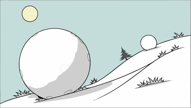 Cartoon illustration of two snowballs rolling down a hill one large and one small under a bright sun.