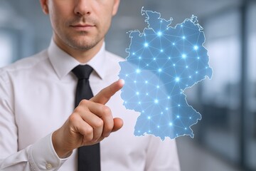 Businessman Interacting with a Digital Projection of Germany's Connectivity and Technological Advancement in a Modern Office