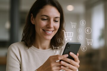 Smiling Woman Shopping Online Using Smartphone with Virtual Shopping Carts and Currency Symbols Overlay