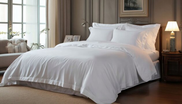 A neatly made bed with crisp white sheets, pillows, and duvet cover is displayed in a contemporary bedroom setting.