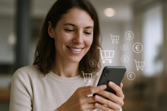 Smiling Woman Shopping Online Using Smartphone with Virtual Shopping Carts and Currency Symbols Overlay - Powered by Adobe