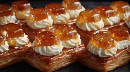 Delicious Pastries Topped with Jelly and Cream, Close-Up View of Freshly Baked Confectionery, Sweet Treat