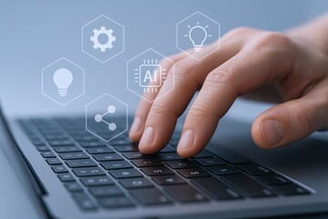 Obraz premium Hand Typing on Laptop Keyboard with AI Icons, showcasing Artificial Intelligence and Modern Technology Concept
