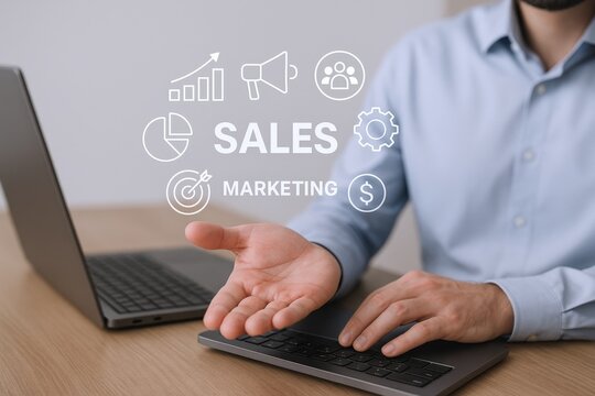 Sales and Marketing Strategy Visualization: Man Presenting Business Growth Concepts on Laptop for Online Meeting