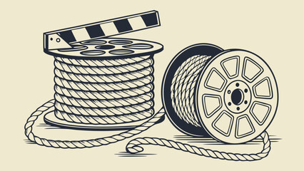 Film reel rope clapperboard movie production vintage design vector illustration graphic art cinema filmmaking retro style film industry movie making classic design illustration artw.