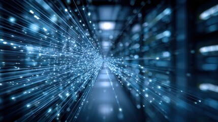 Futuristic Data Stream Visualizing High-Speed Connections in a Server Room for IT and Technology