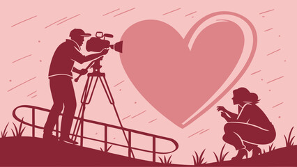 Filming a love story cameraman and actress silhouettes heart shape background.