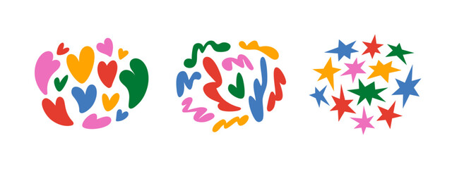 Abstract Organic Blob Shapes. Vector Groovy Doodle Icons with Funky Stars and Hearts. Cute Playful Color Blobs Pattern Isolated on a Background