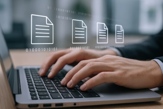 Typing on Laptop with Document Icons Displaying, Illustrating Data Management and Digital Document Workflow