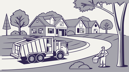 Garbage truck collecting trash in residential area illustration sanitation worker waste disposal recycling environmental services community cleanup.