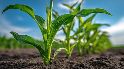 Fototapeta premium Emerging Corn Seedlings in Rich Soil under a Blue Sky, Symbolizing Agricultural Growth and Potential