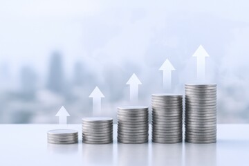 Stacks of Coins with Ascending Arrows Illustrating Financial Growth and Investment Success, Blurred Cityscape Background