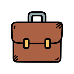 Simple Brown Briefcase Doodle With Yellow Clasps and Blue Handle On Transparent Background
