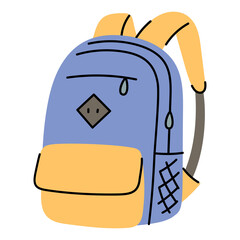 Simple Cartoon Backpack with Blue Body Yellow Front Pocket and Straps on Transparent Background