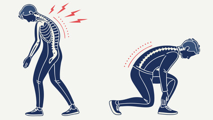 Illustration of back pain and spinal problems in a person showing different postures and pain intensity.