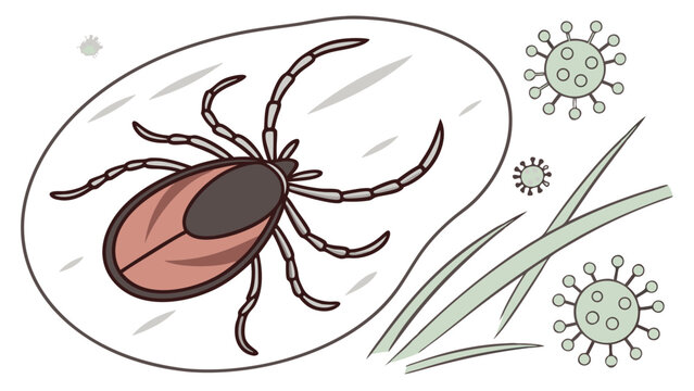 Illustration of a tick carrying disease surrounded by viruses and grass blades.