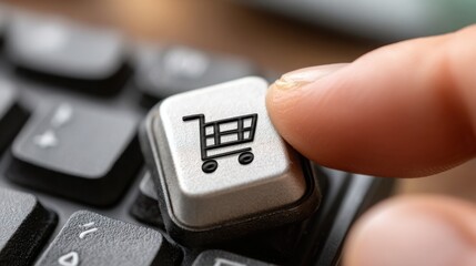 Person's finger pressing a button on a keyboard illustrating the concept of adaptive commerce and digital interaction