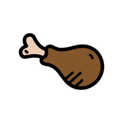 Simple cartoon icon of a brown cooked chicken leg with a beige bone and black outline isolated on a white background.