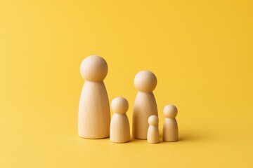 Minimalist Family Concept: Wooden Figurines Representing Parents and Children on a Bright Yellow Background