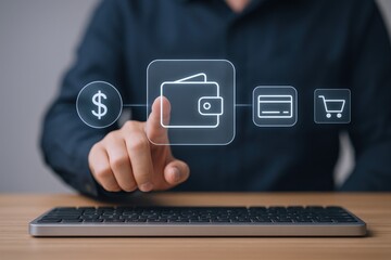 Online Payments Interface: Man Taps Wallet Icon on Virtual Screen with Dollar, Credit Card, and Shopping Cart