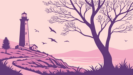 Lighthouse on a cliff overlooking the sea with birds flying scenic coastal landscape illustration in purple tones.