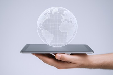 Global Digital Technology: Hand Holding Tablet with Virtual Globe, Representing Connectivity and Worldwide Communication
