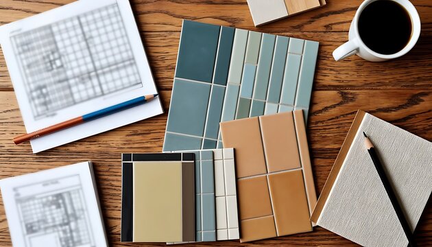 Interior designer working on a home renovation project, selecting diverse tile samples and reviewing architectural blueprints on a wooden desk - Powered by Adobe