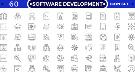 Software Development set of web icons in Outline style. Developer icons for web and mobile app. Code, api, programmer coding, app, flow, node connect, web coder, bug fix and more.