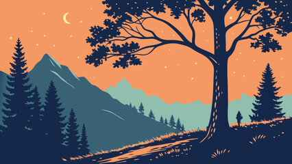 Mountain Landscape at Dusk with Trees and Crescent Moon A Scenic Illustration.