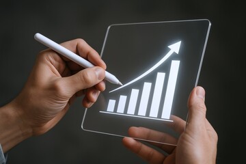 Analyzing Business Growth Chart on Digital Tablet, Demonstrating Progress and Success, Holding Stylus, Future Technology