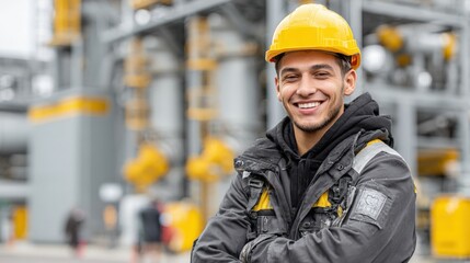 Smiling Industry Worker in Hardhat at Construction Site or Refinery, Showing Pride in Work