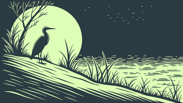 Nocturnal Bird Silhouette by Water Under Moonlight Nature Illustration.